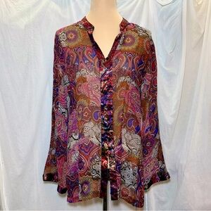 Chico’s 100% Silk Paisley Sheer Blouse  Tunic Cover Up Button Up Sz 3 XL